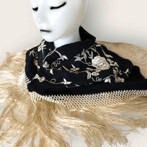 Vtg 1900s Chinese Black Silk White Embroidered Floral Scarf Shawl Fringe RARE